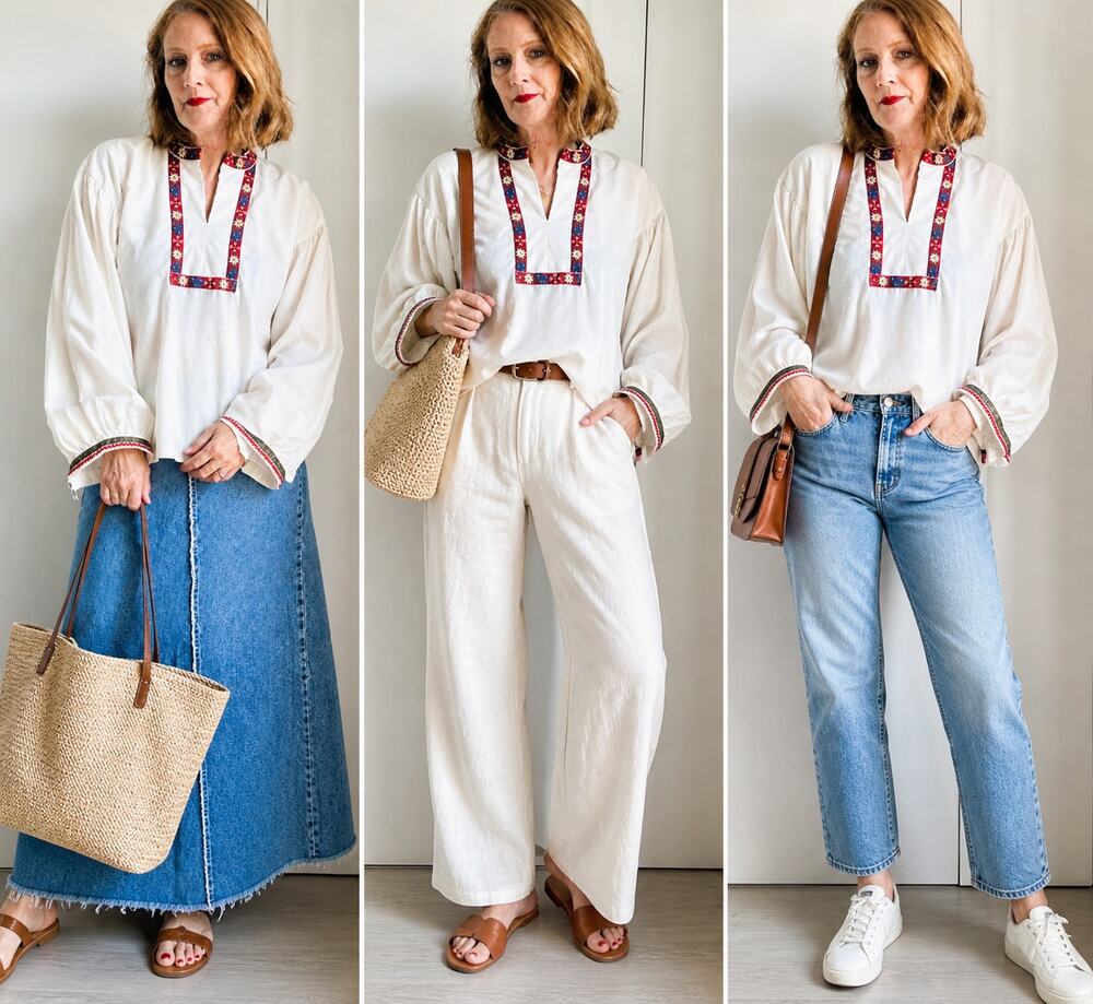 Vintage 70s Boho Peasant Blouse L XL Handmade Cotton Embroidered Folk Top